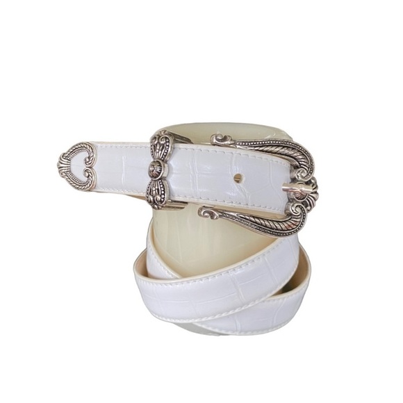 Galaxy Accessories - White Leather Crocodile Embossed Western Belt Heart Detail 1” Wide 31.5-35" XL